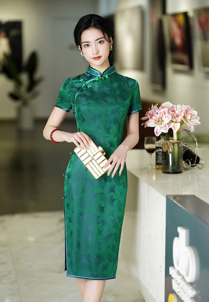 Free alteration, Traditional Chinese Qipao dress, Mulberry Silk cheongsam, green jacquard qipao, knee length dress