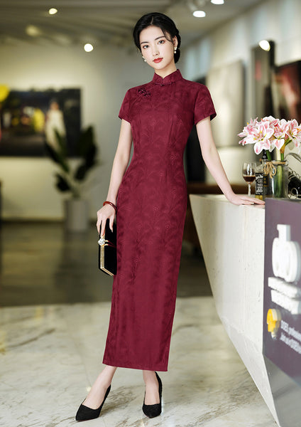 Modern Chinese Qipao, Mulberry Silk cheongsam,  Evening Dress, tea ceremony, wine red dress