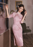 Modern Chinese qipao, pink Jaquard Cheongsam, flower pattern, short sleeve, mandarin collar