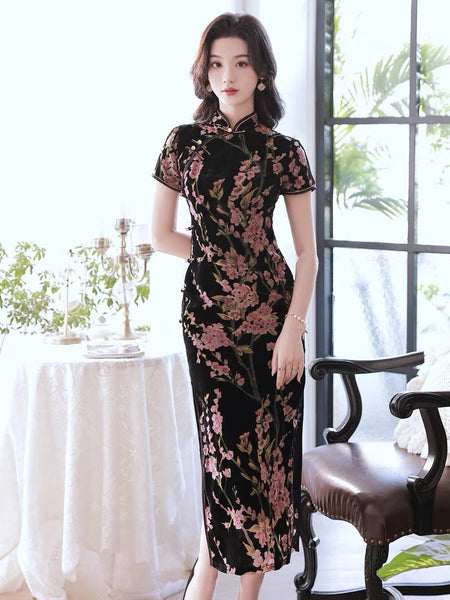 Modern Chinese dress, Chinese Cheongsam, black silk velvet qipao, Ball Gowns, Long Evening Dress, mandarin collar