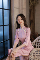 Modern Chinese qipao, pink Jaquard Cheongsam, flower pattern, short sleeve, mandarin collar