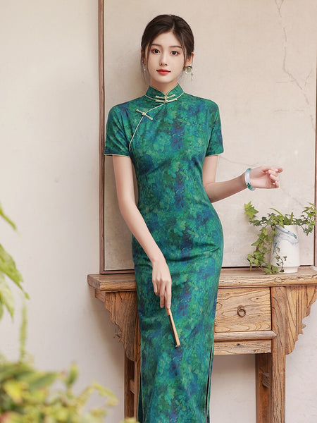 Modern Chinese Qipao, teal color, evening dress, ball gown, spring dress