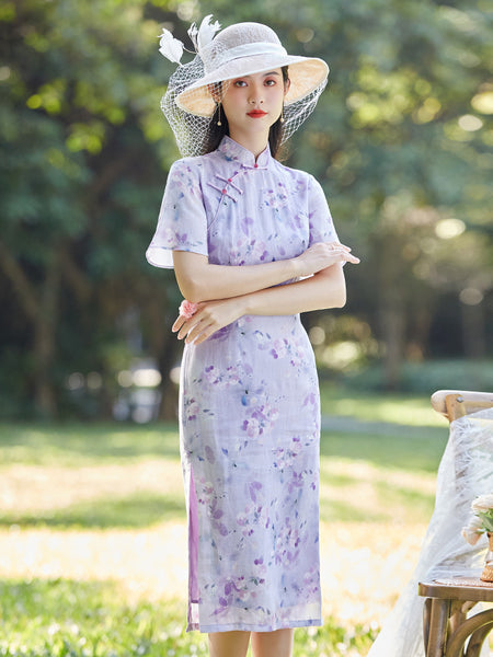 Modern qipao, Chinese Cheongsam, summer qipao, purple color, Ball Gowns, mandarin collar, casual qipao