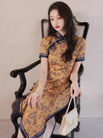 Traditional Chinese dress, China Cheongsam, Long spring Qipao, flower prints, short sleeve, mandarin collar