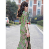 Traditional Chinese dress, Chinese Cheongsam, green color modern qipao, Ball Gowns, Long Evening Dress, mandarin collar