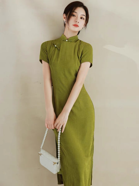 Qipao chinois moderne, Cheongsam chinois, robes de bal, qipao jacquard vert, robe de soirée longue, col mandarin