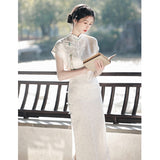 Modern Chinese qipao, Chinese Cheongsam, white jacquard dress, floral dress, Evening dress, mandarin collar