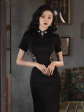 Traditional Chinese dress, Chinese Cheongsam, modern black qipao, Ball Gowns, Long Evening Dress, mandarin collar