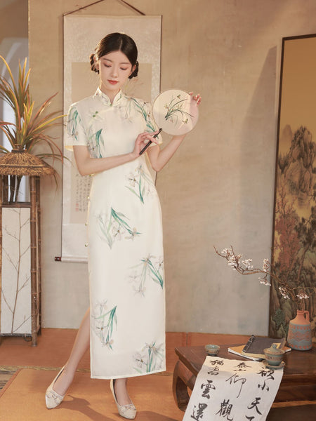 Modernes chinesisches Kleid, langes chinesisches Cheongsam, Abendkleid, Orchideenblumenmuster, Ballkleider, Mandarinkragen