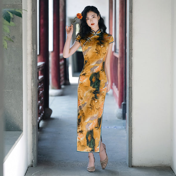 Modern Chinese Qipao, Mulberry Silk cheongsam,  Evening Dress, yellow color qipao