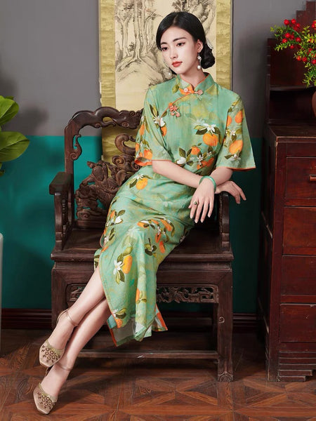 Modern Chinese qipao, Chinese Cheongsam, green ramie qipao, Ball Gowns, Long Evening Dress, mandarin collar L