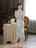 Modern Chinese dress,  Chinese Cheongsam, light blue floralqipao, spring Dress, Ball Gowns