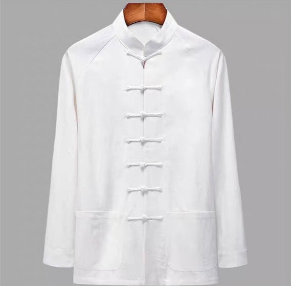 Tang-Jacke aus Baumwoll-Leinen-Mix, weiße Farbe, Stehkragen