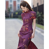 Chinesisches Cheongsam, lila Qipao-Kleid, Ballkleid, Sommer-Qipao, Stehkragen