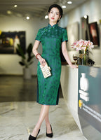 Qipao chinois moderne, cheongsam en soie de mûrier, qipao jacquard vert, robe longueur genou