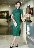 Modern Chinese Qipao, Mulberry Silk cheongsam, green jacquard qipao, knee length dress