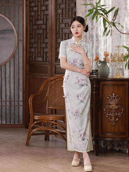 Modernes chinesisches Kleid, chinesisches Cheongsam, hellgraues Blumenkleid, Ballkleider, Frühlingskleid