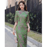 Robe traditionnelle chinoise, Cheongsam chinois, qipao moderne de couleur verte, robes de bal, robe de soirée longue, col mandarin
